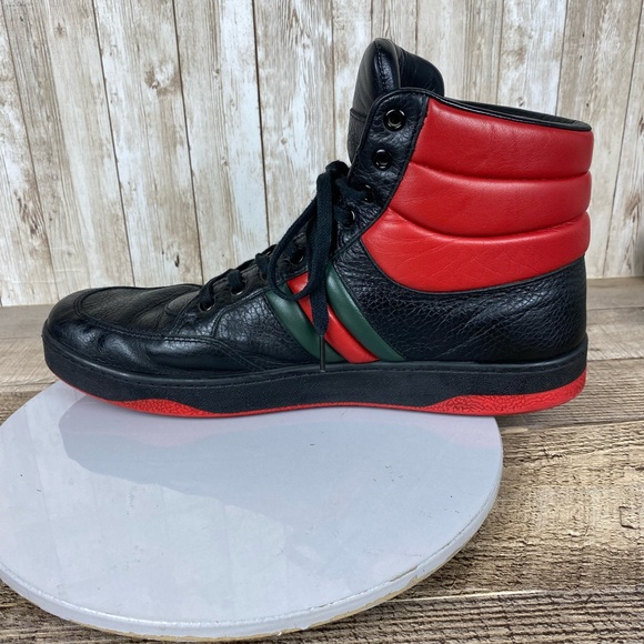 Gucci Authentic Black/Red Leather Praga Karibu High Top Sneakers Size 11.5 G - Picture 2 of 14